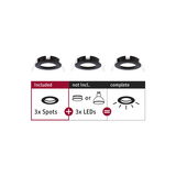 Drei schwarze Einbaustrahler aus Metall ohne LED-Leuchtmittel für flexible Beleuchtungslösungen.
