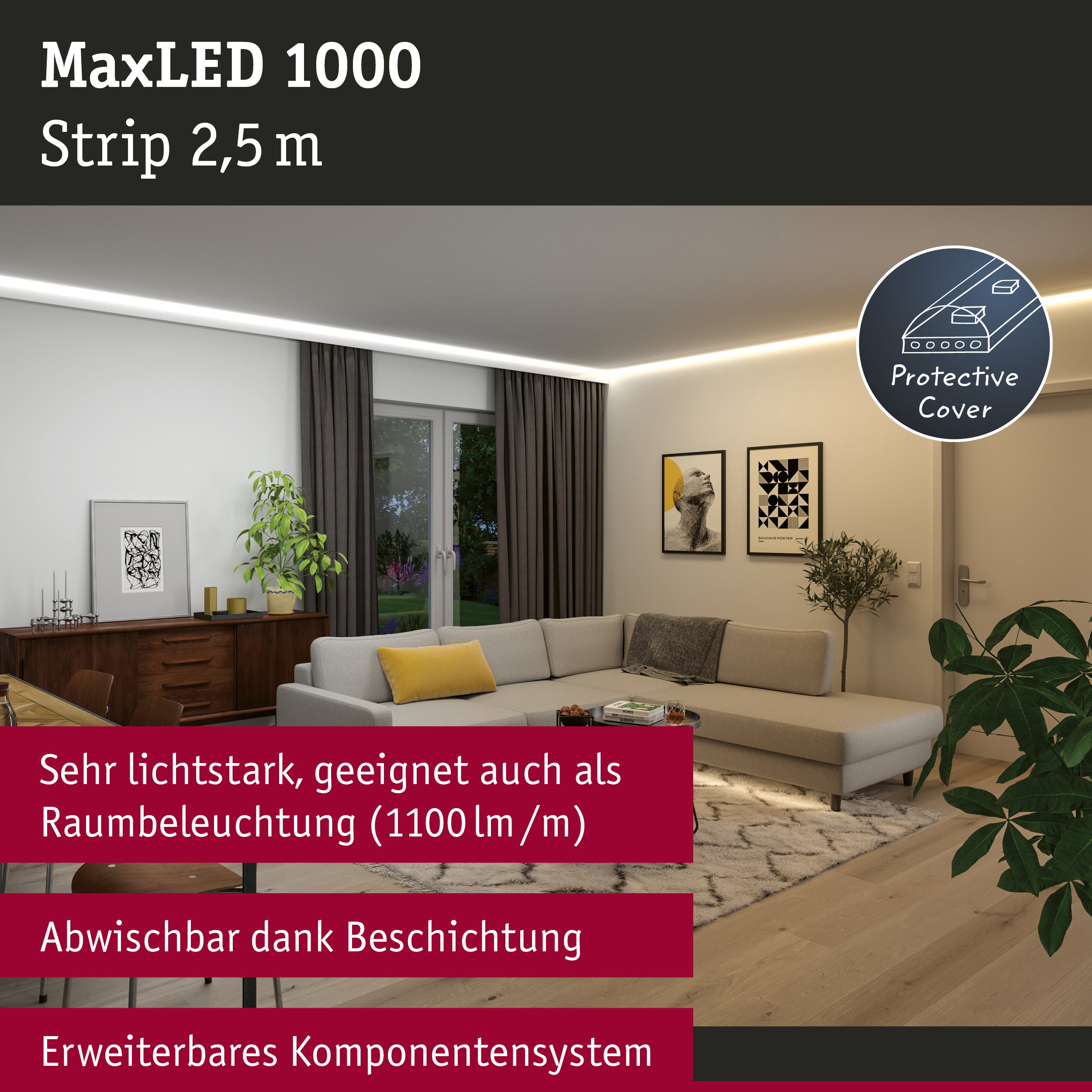 MaxLED 1000 LED-Lichtstreifen 2,5 m mit Schutzabdeckung, helle Raumbeleuchtung, abwischbar