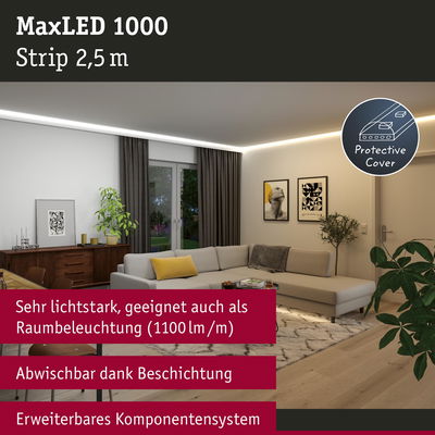 MaxLED 1000 LED-Lichtstreifen 2,5 m mit Schutzabdeckung, helle Raumbeleuchtung im Wohnzimmer