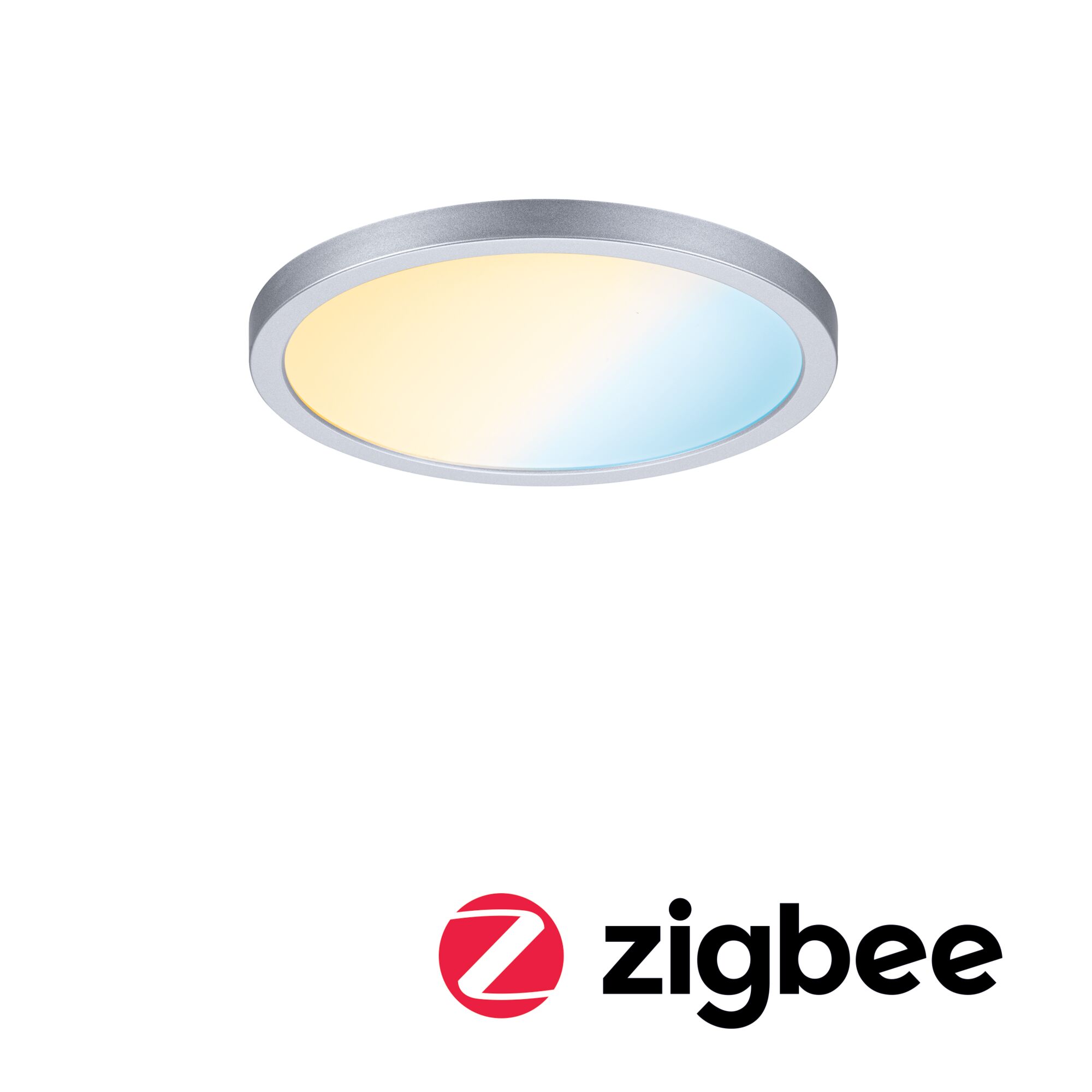 Round LED ceiling light with silver frame and warm white to blue gradient, Zigbee compatible