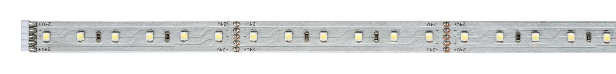 Long LED strip with white LEDs on silver circuit board for versatile lighting applications