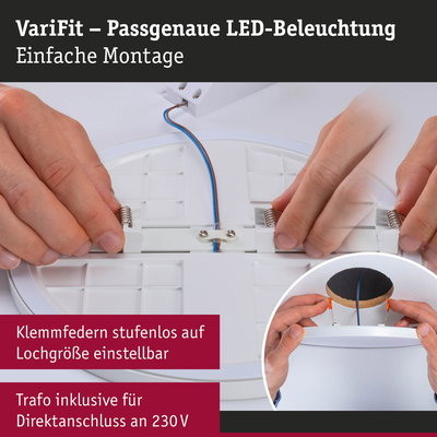 Weiße LED-Deckenleuchte mit verstellbaren Klemmfedern und integriertem Trafo für 230V Anschluss