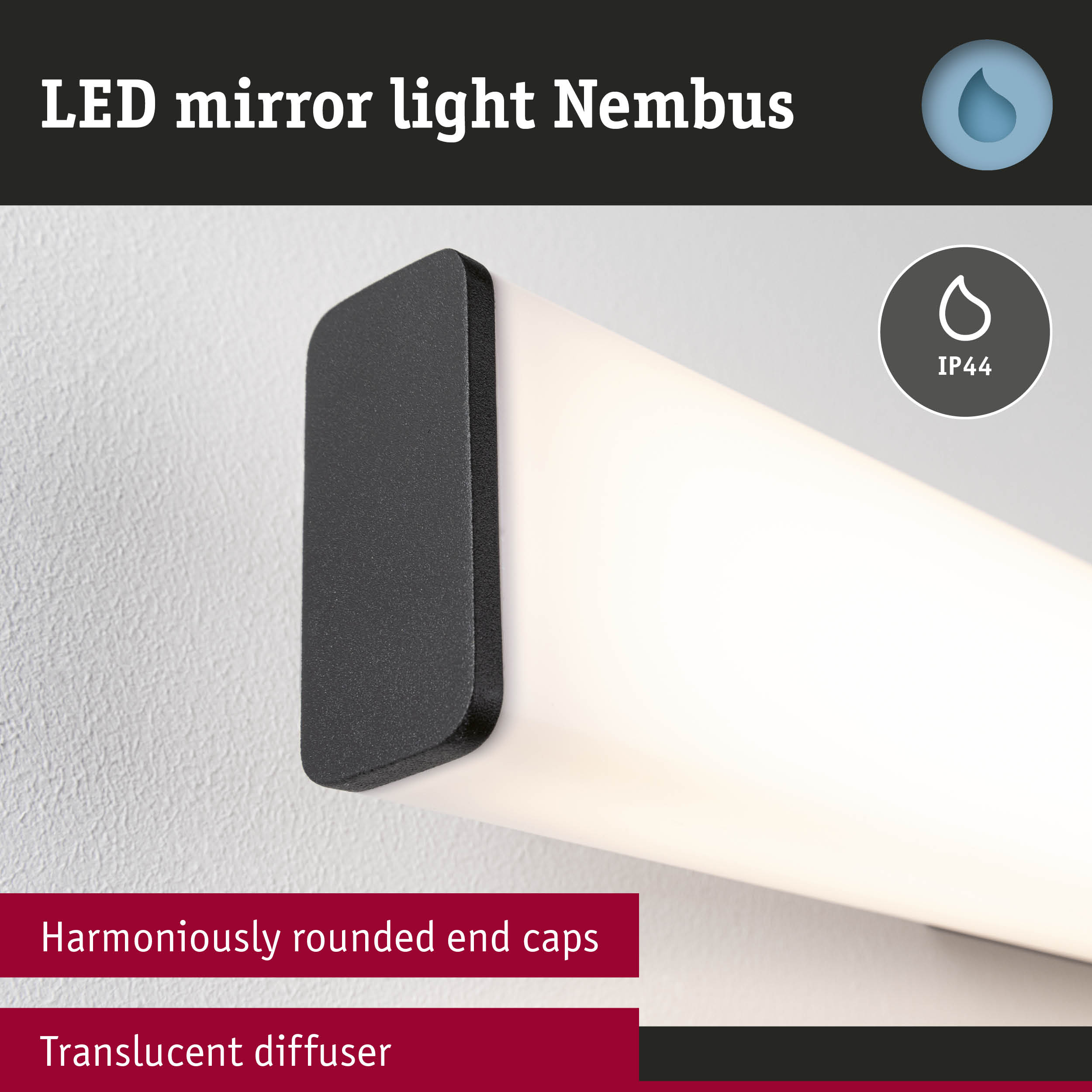 Nimbus LED mirror light with black housing and translucent diffuser for bathroom lighting