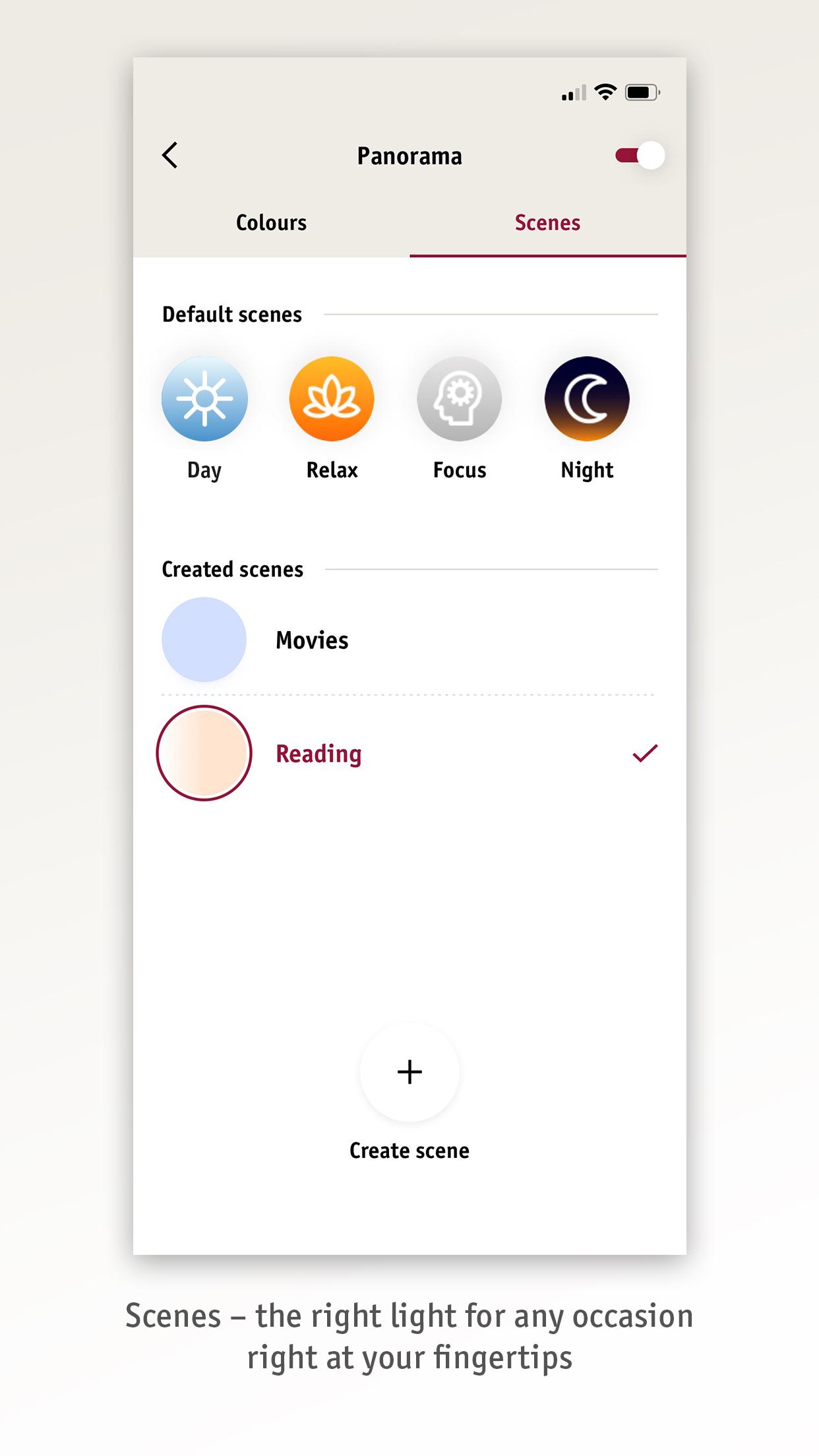 App screen displaying light scene control with presets and custom reading scene option.
