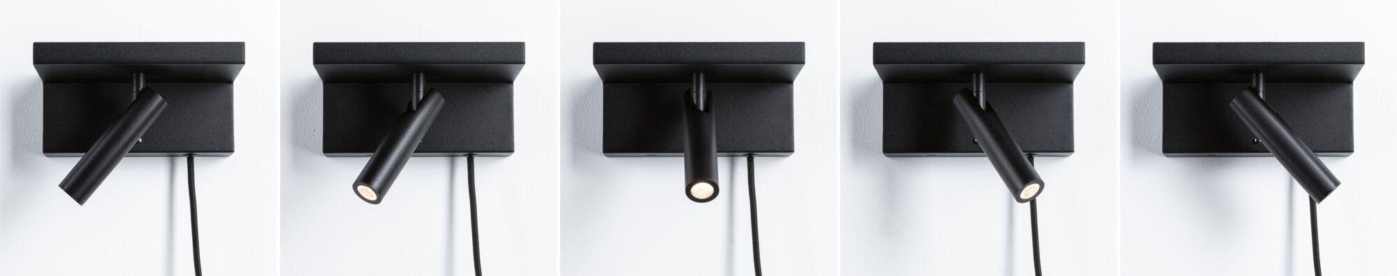 Moderner schwarzer LED-Wandstrahler aus Metall mit verstellbarem Leuchtenkopf und Textilkabel für Akzentbeleuchtung.