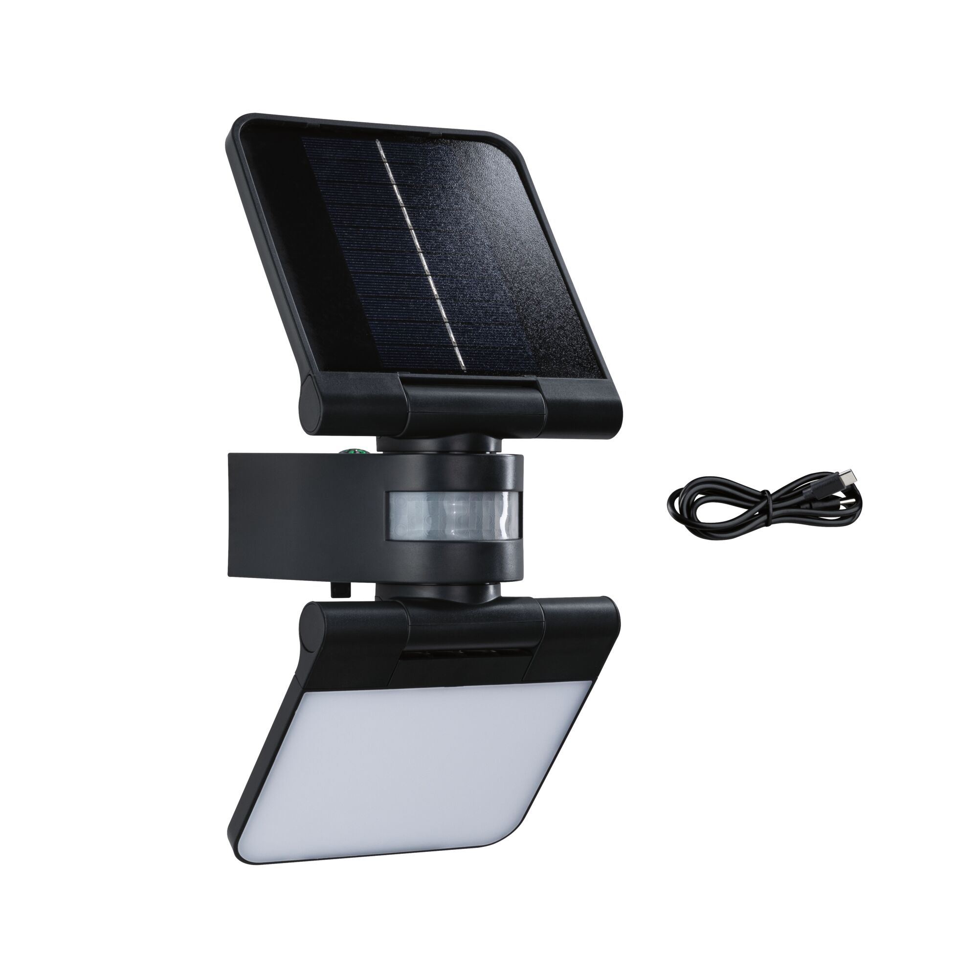 Black solar outdoor light with motion sensor and USB cable for energy-saving garden lighting