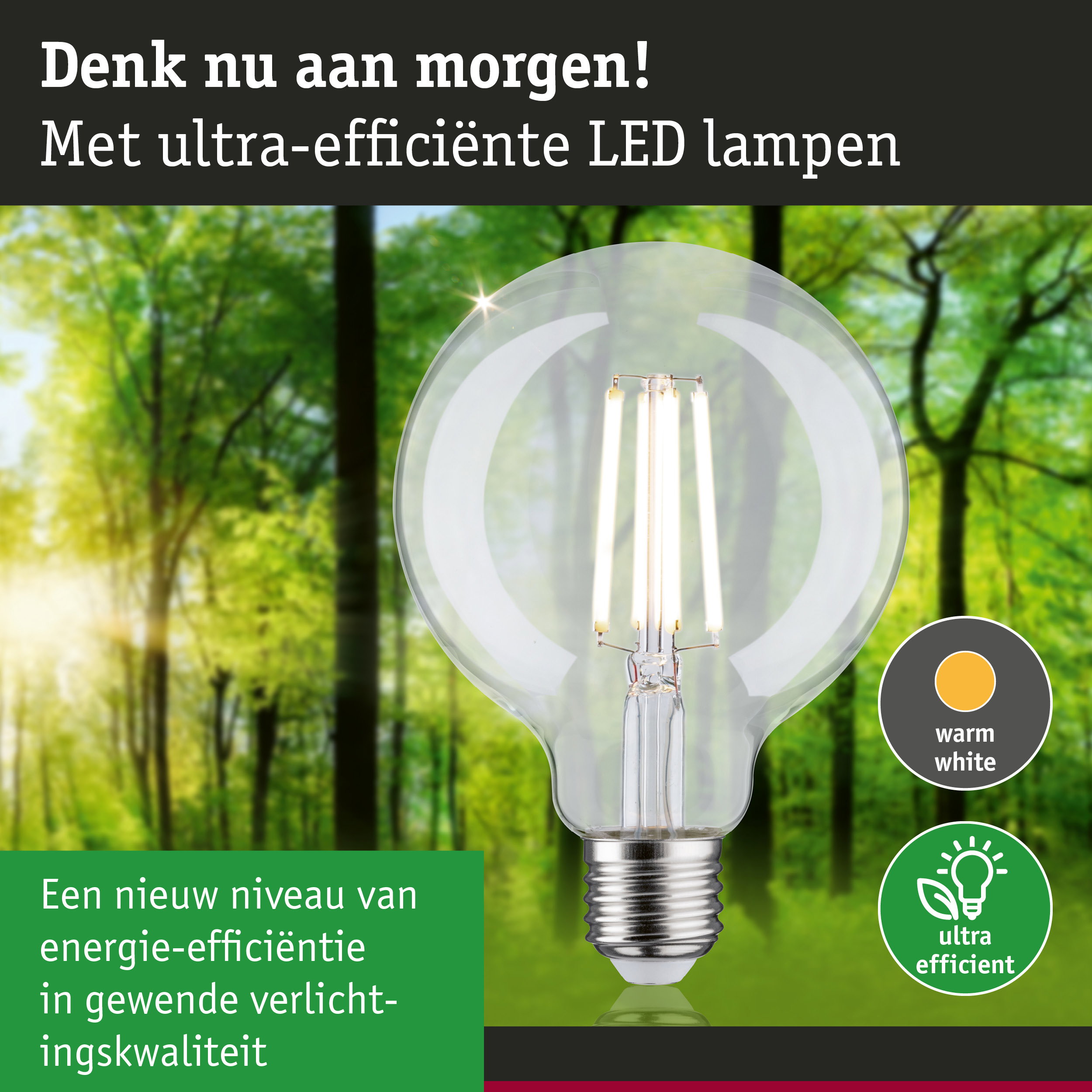 Transparante LED-lamp met warm wit licht en ultra-efficiënt energieverbruik tegen groene bosachtergrond