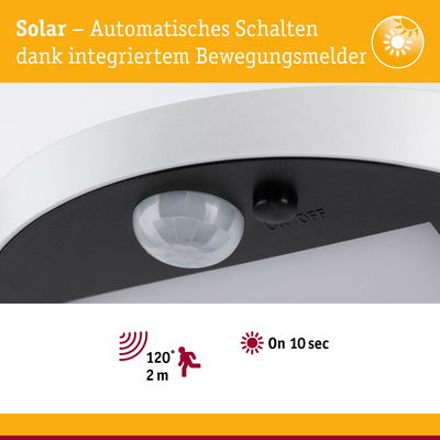 Nahaufnahme eines weißen Solar-Bewegungsmelders mit 120° Erfassungswinkel und 2 m Reichweite