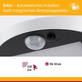 Nahaufnahme eines weißen Solar-Bewegungsmelders mit 120° Erfassungswinkel und 2 m Reichweite