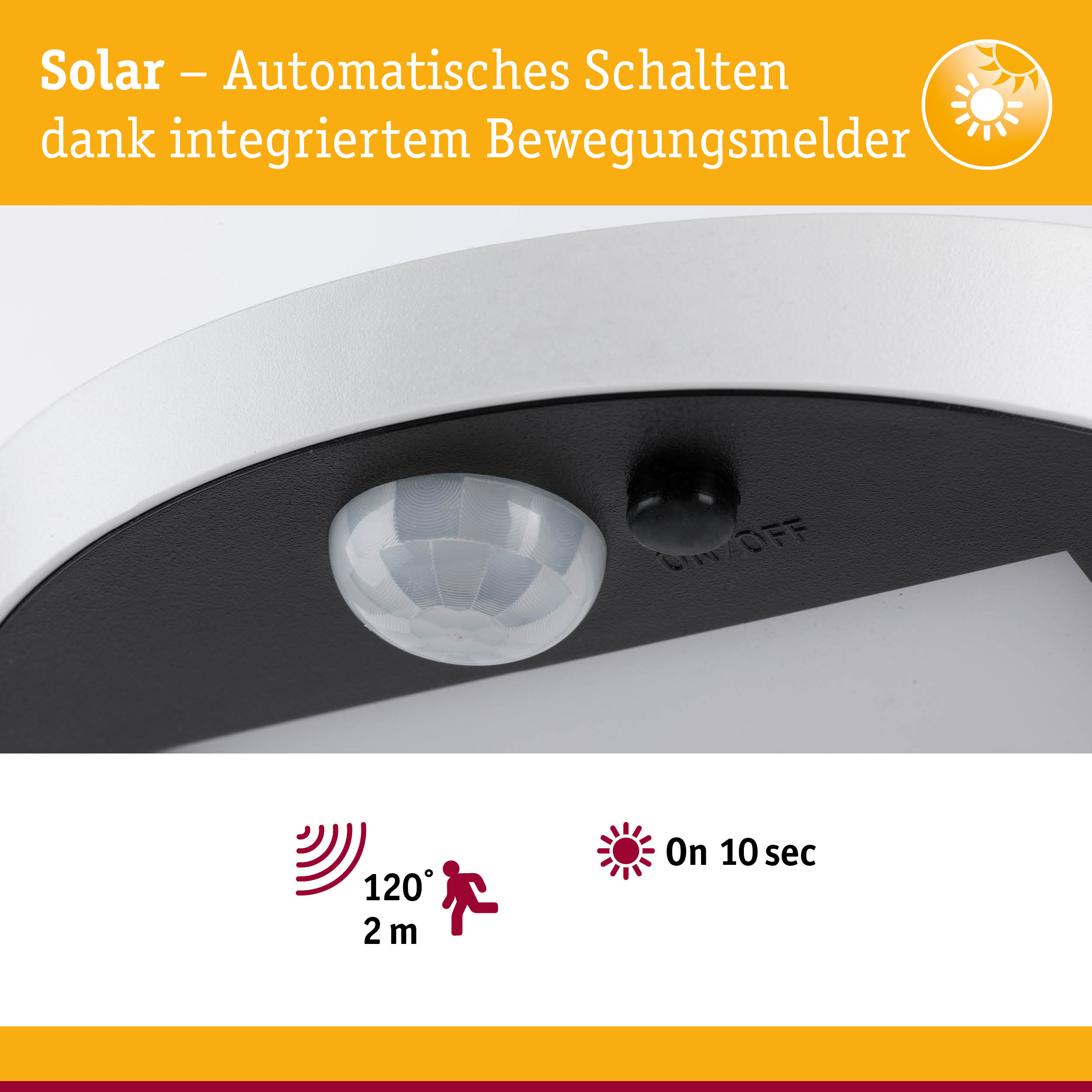Nahaufnahme eines weißen Solar-Bewegungsmelders mit 120° Erfassungswinkel und 2 m Reichweite