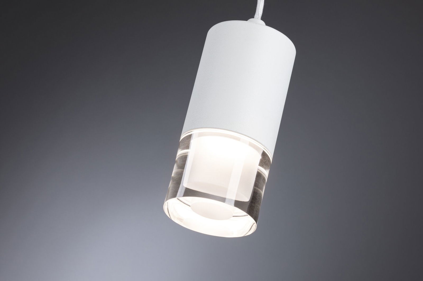 Moderne witte LED-hanglamp met helder glas en energiezuinige verlichting voor woonruimtes