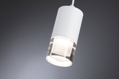 Modern white LED pendant light with clear glass and energy-saving illumination for living spaces