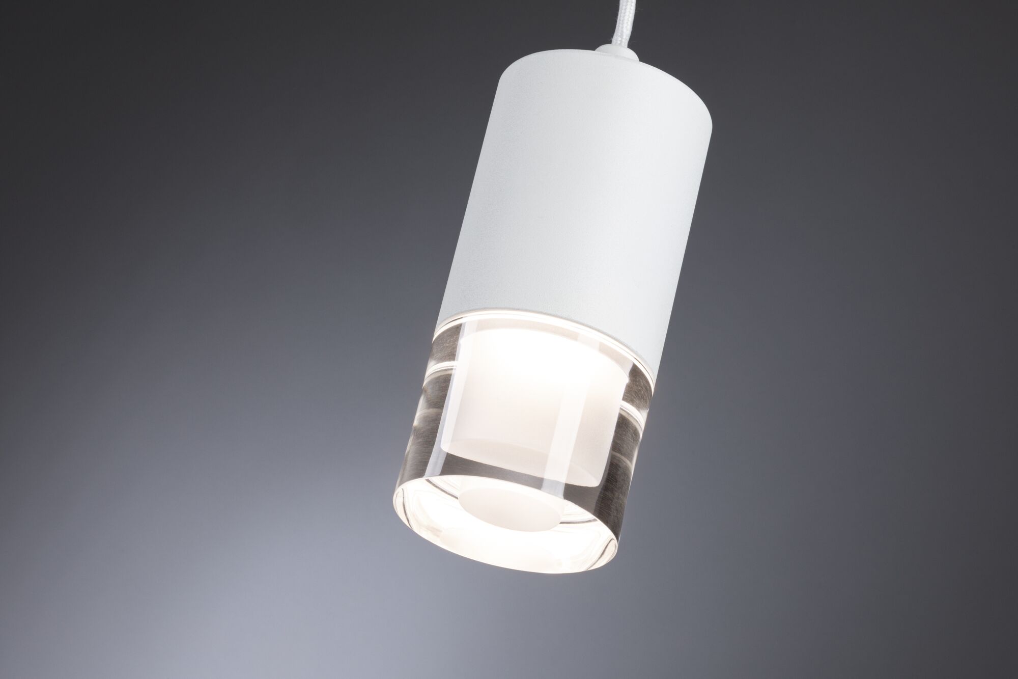 Modern white LED pendant light with clear glass and energy-saving illumination for living spaces
