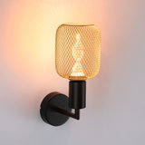 Wall lamp with black metal arm and gold mesh shade, warm LED light for modern home lighting
