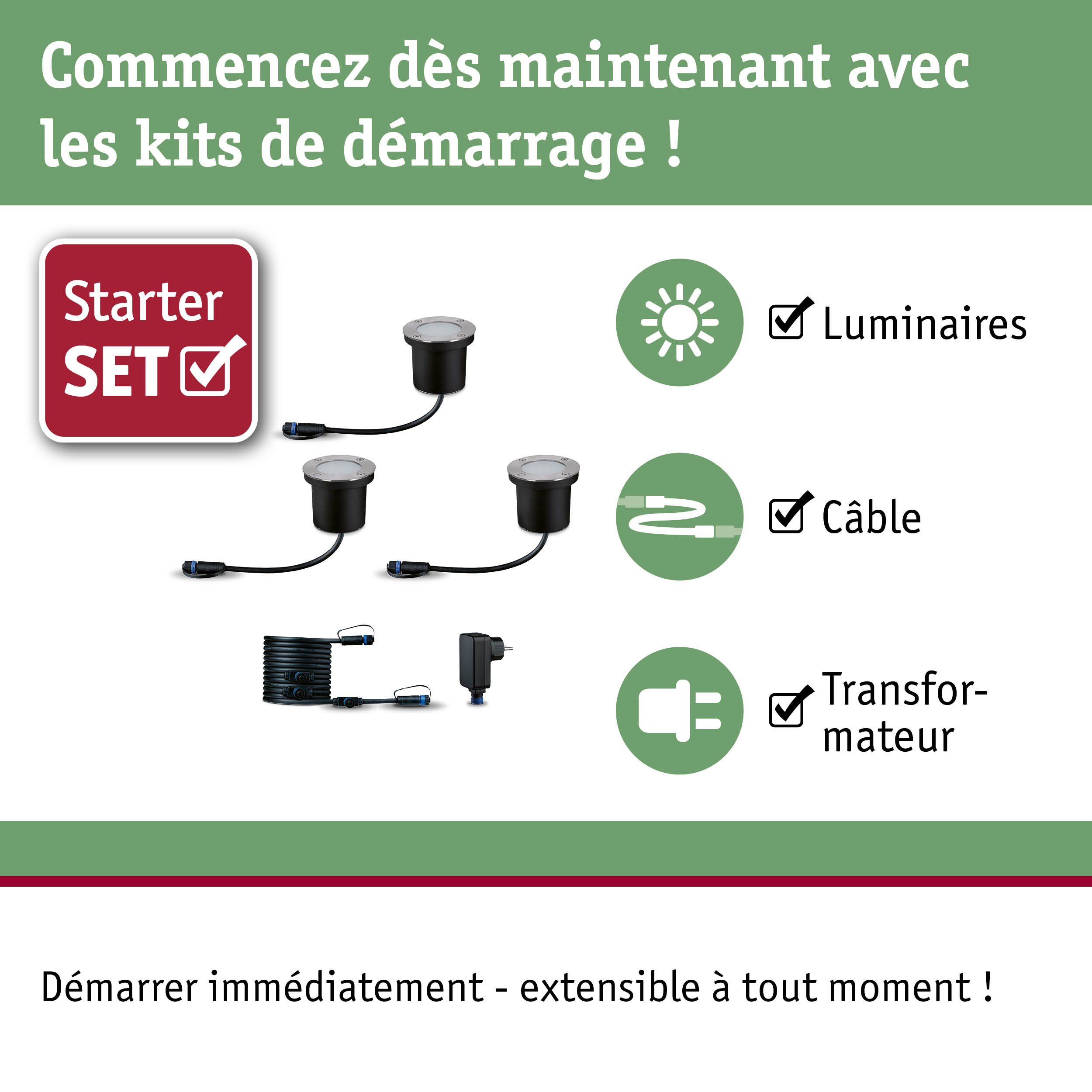 Kit de démarrage avec spots LED encastrés noirs, câble et transformateur pour éclairage extérieur