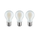 Three classic LED light bulbs with E27 base and clear glass for energy-saving lighting