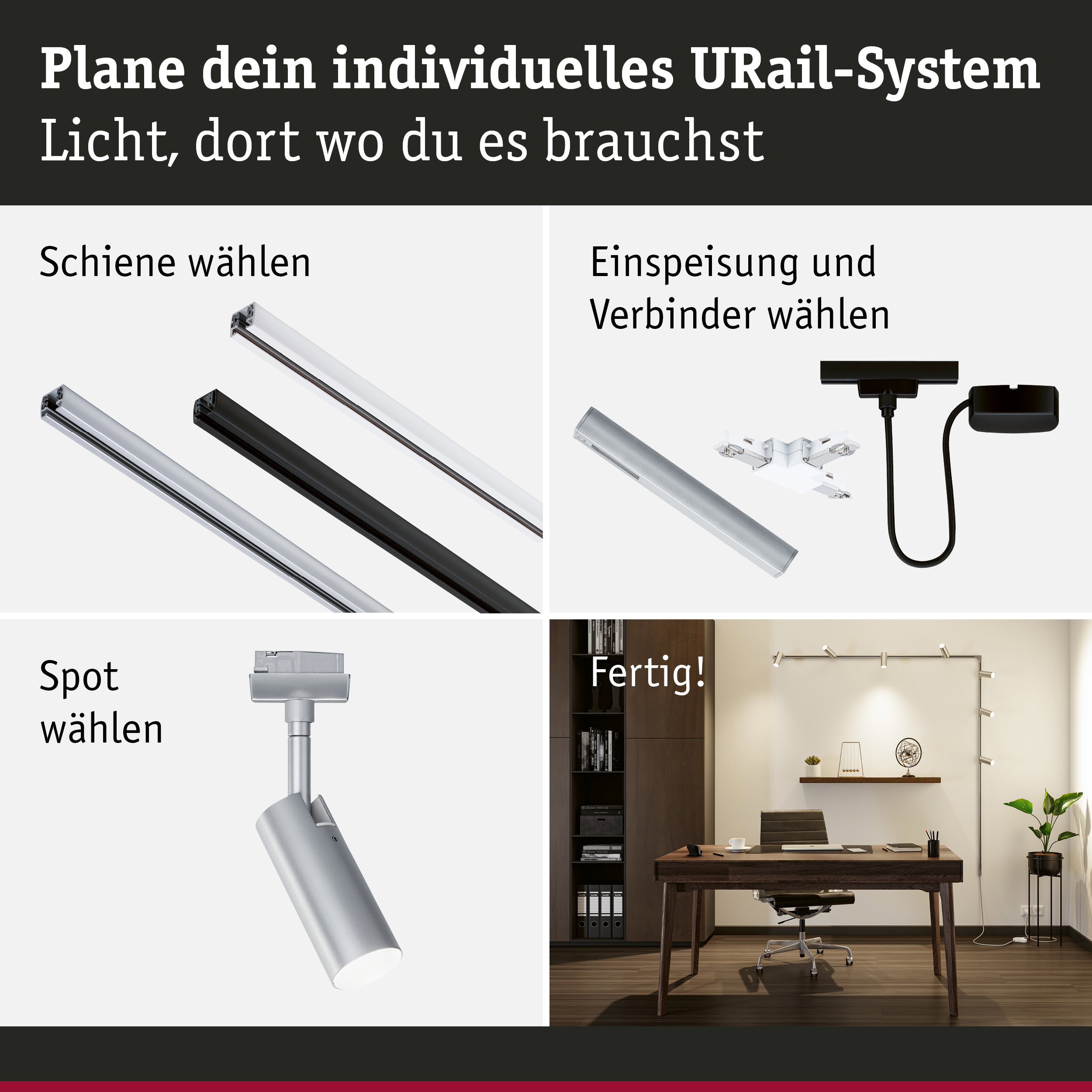 Modulares URail-Schienensystem mit Aluminium-Schienen in Schwarz und Weiß für flexible LED-Beleuchtung.