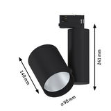Schwarzer LED-Spot aus Metall mit 98 mm Durchmesser und 241 mm Höhe für moderne Schienensysteme.