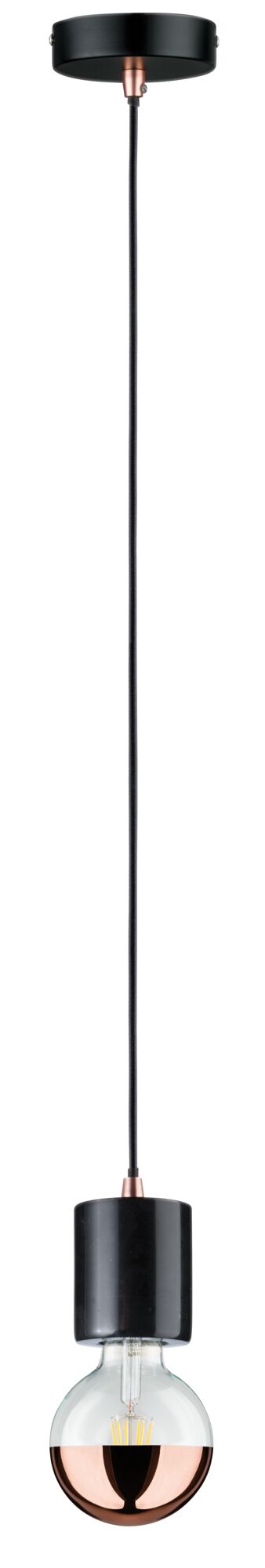 Suspension moderne avec abat-jour en métal noir et support d’ampoule cuivre, compatible LED