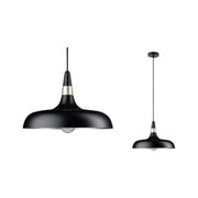 Black metal pendant light with silver accent and visible bulb for modern interior lighting