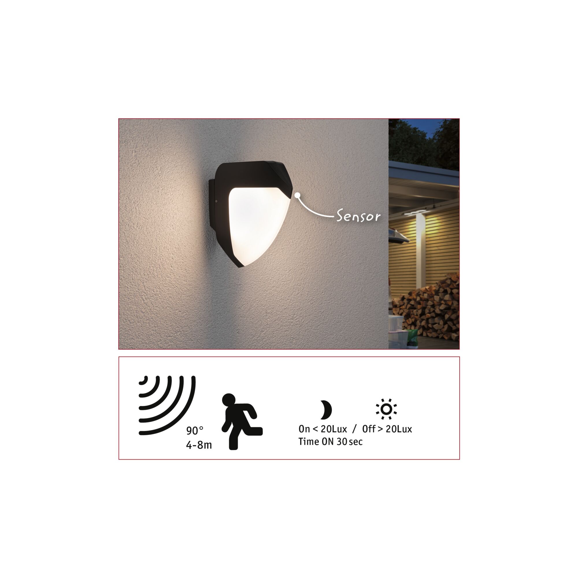 Black outdoor wall light with motion sensor and white diffuser for garden lighting and security.