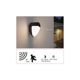 Black outdoor wall light with motion sensor and white diffuser for garden lighting and security.