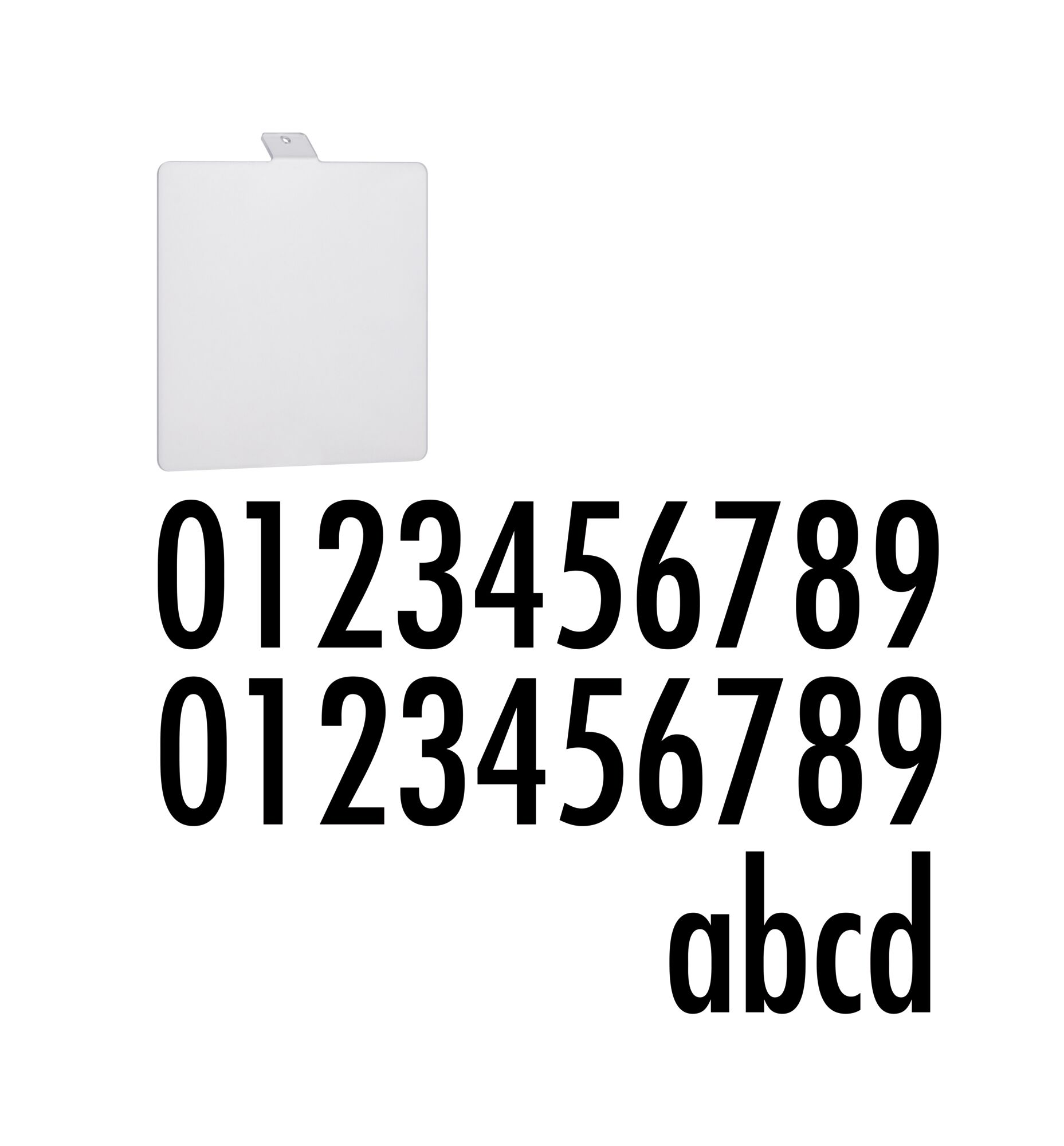 White square metal plate with black numbers and letters in clear font for signage use