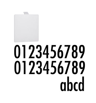 White square metal plate with black numbers and letters in clear font for signage use