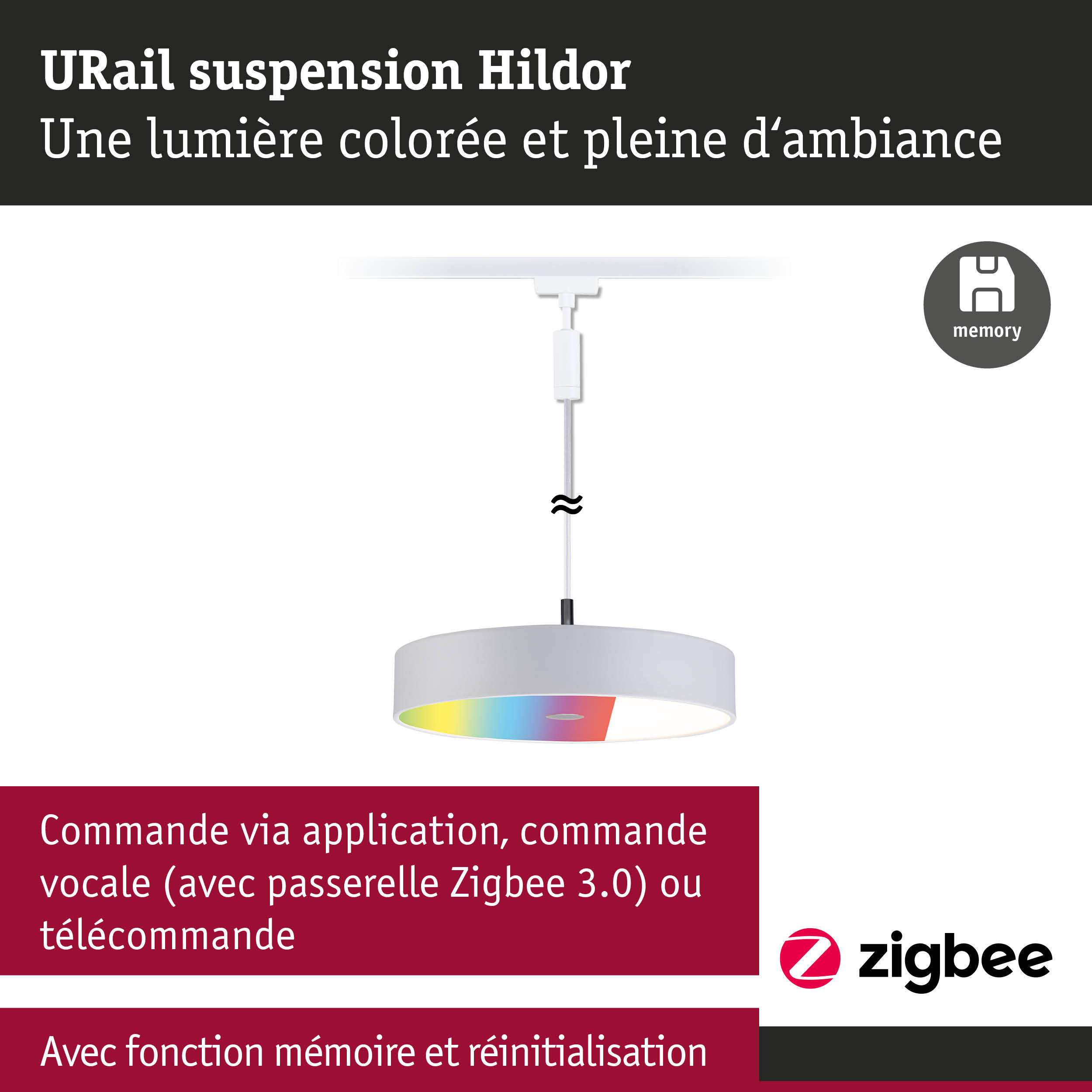 Suspension URail Hildor blanche avec anneau intérieur coloré et commande Zigbee