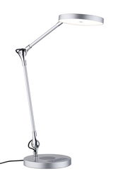 Modern silver LED desk lamp with round light head and touch control panel for office lighting