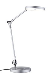Modern silver LED desk lamp with round light head and touch control panel for office lighting