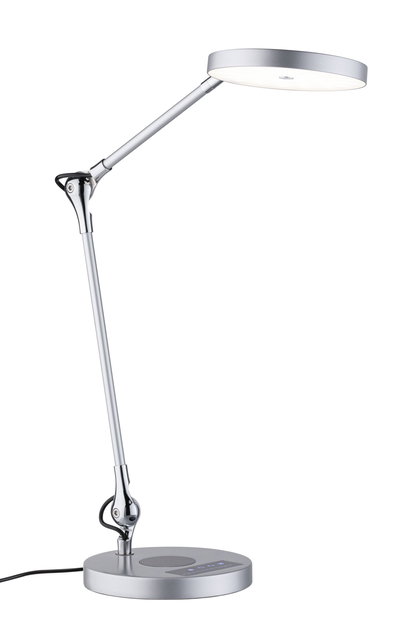 Modern silver LED desk lamp with round light head and touch control panel for office lighting