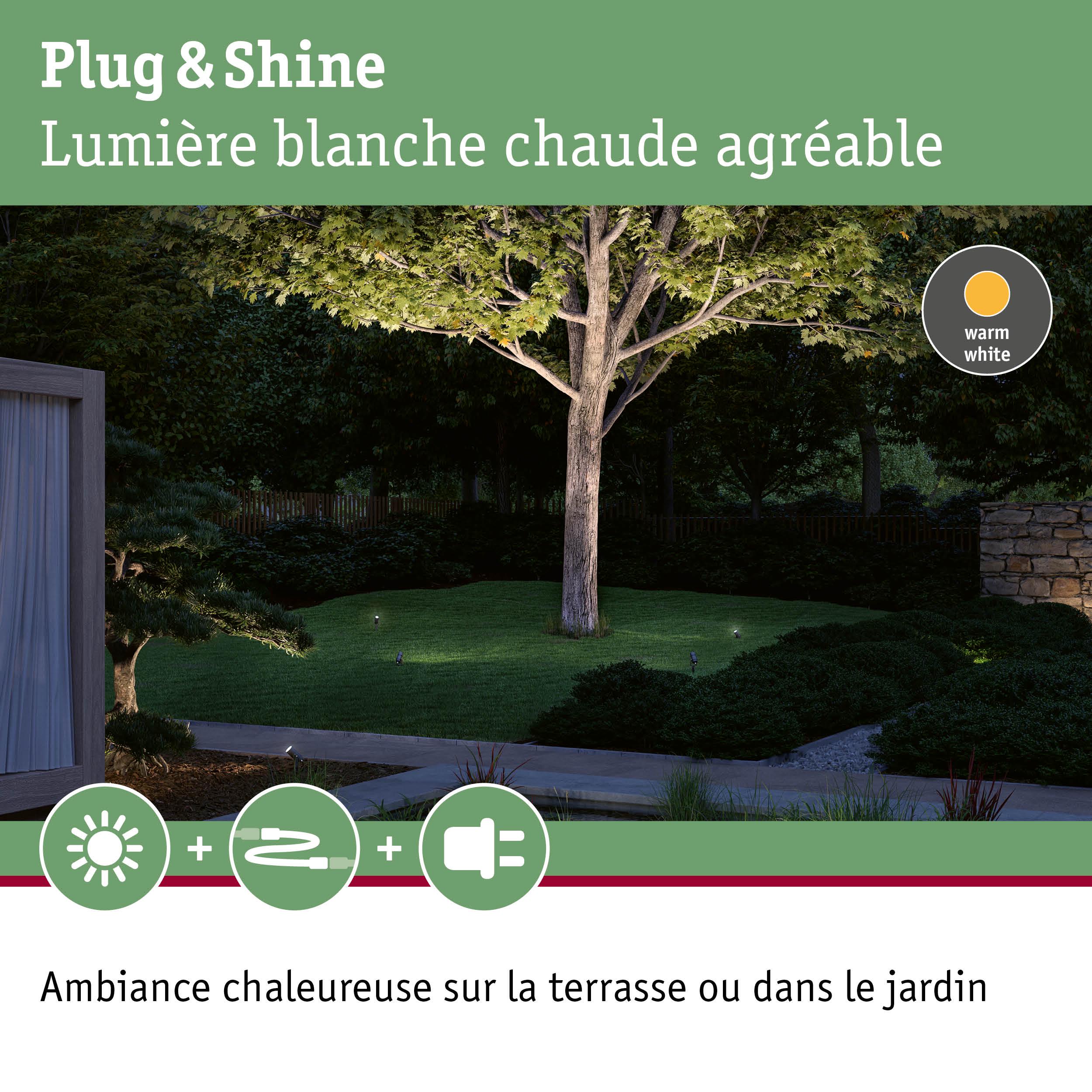 Éclairage extérieur blanc chaud pour terrasse et jardin avec système Plug & Shine pour ambiance chaleureuse