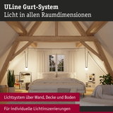 Modernes Schlafzimmer mit ULine Gurt-System Beleuchtung an Holzdeckenbalken und Wänden