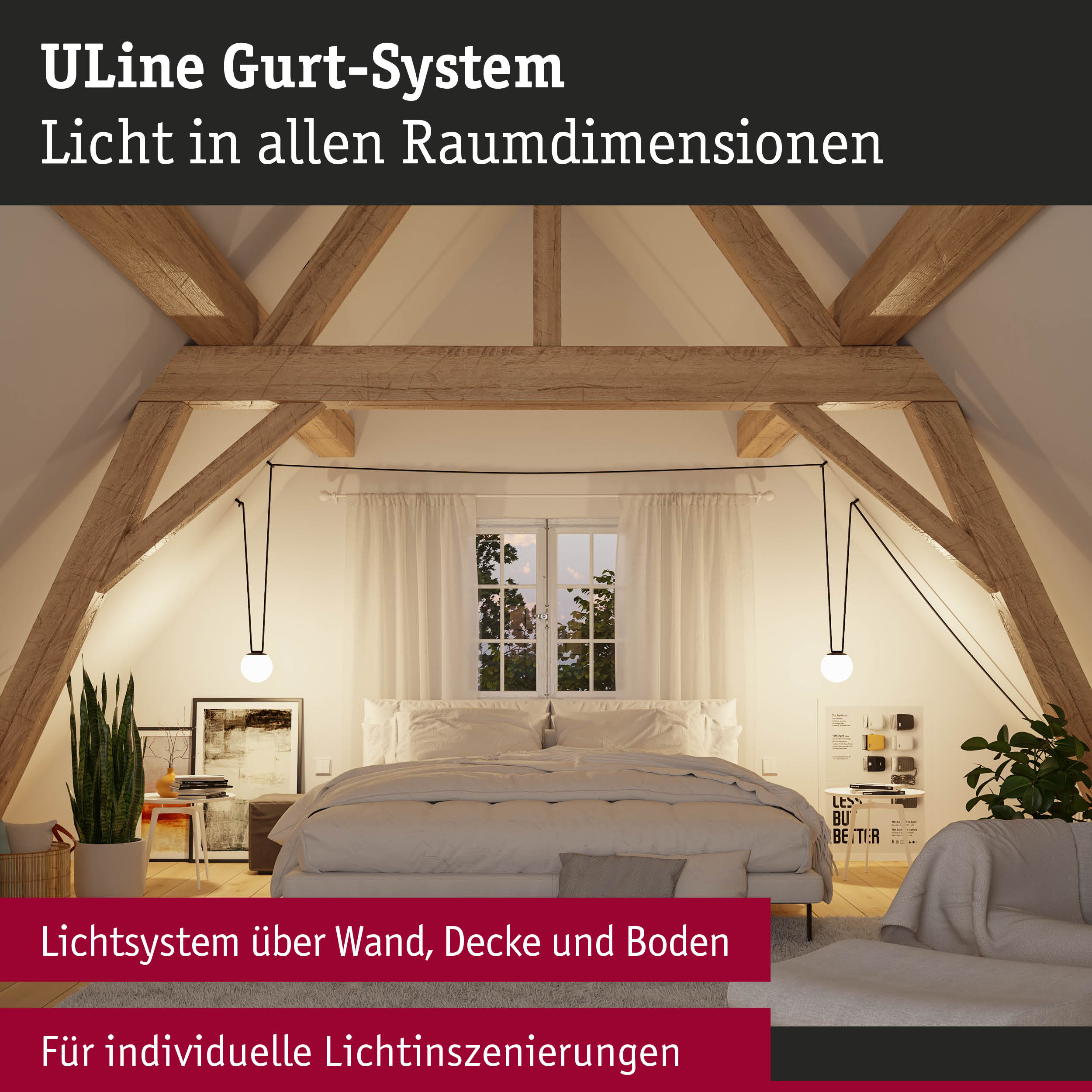 Modernes Schlafzimmer mit ULine Gurt-System Licht und Holzdeckenbalken für individuelle Lichtinszenierung