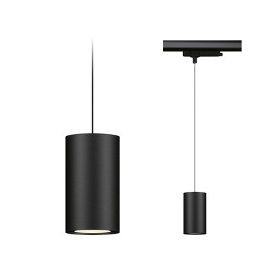 Schwarze zylindrische LED-Pendelleuchte aus Metall mit minimalistischer Optik für Schienensystem.