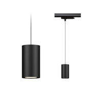 Schwarze zylindrische LED-Pendelleuchte aus Metall mit minimalistischer Optik für Schienensystem.