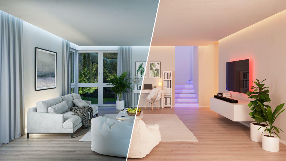 Moderne stue med varm hvid og RGB LED-stribe belysning til stemningsfuldt lys