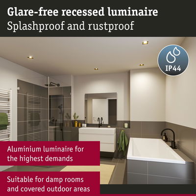 Glare-free aluminium recessed luminaire in bathroom with grey tiles, IP44 splashproof light for damp rooms