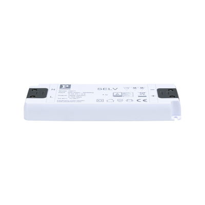 White plastic LED power supply with technical details for 24V DC lighting systems