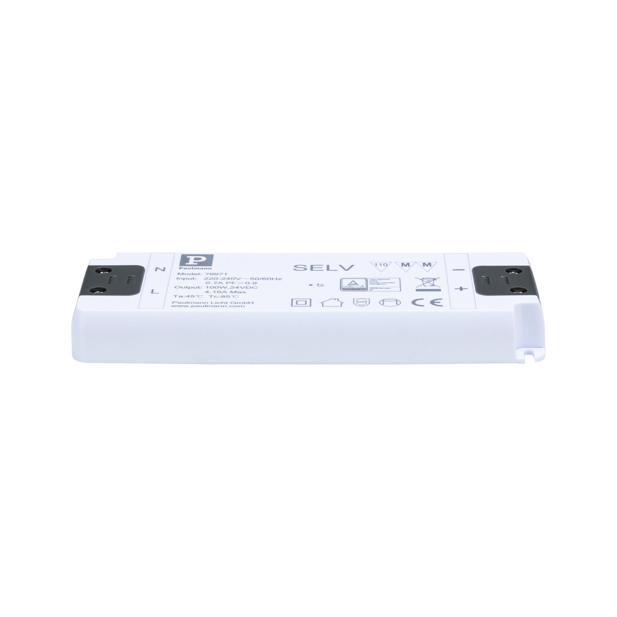 White plastic LED power supply with technical details for 24V DC lighting systems