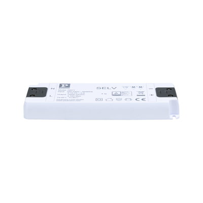White plastic LED power supply with technical details for 24V DC lighting systems