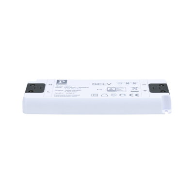 Weißes LED-Netzteil aus Kunststoff mit technischen Angaben für 24V DC Beleuchtungssysteme