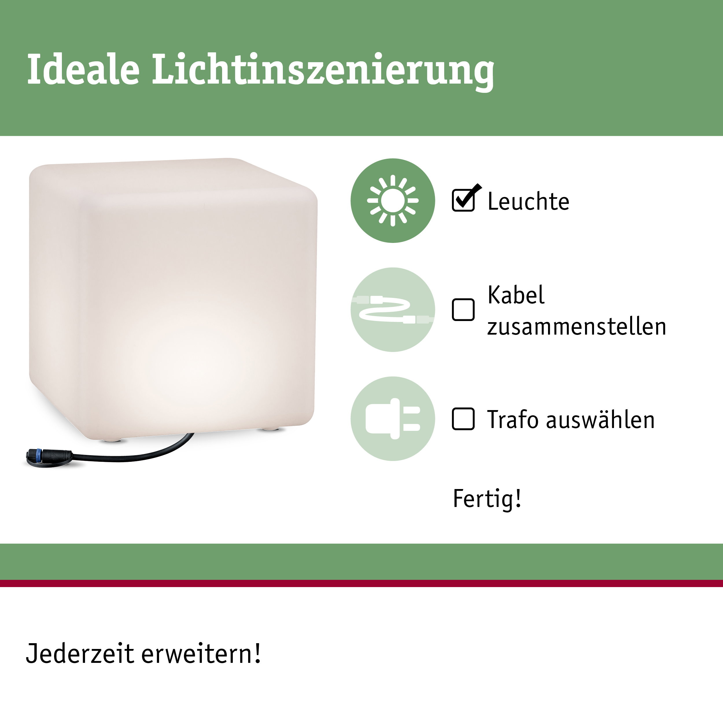 Weißer Würfel aus Kunststoff mit Kabelanschluss für flexible LED-Beleuchtung ohne Trafo