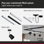 Modular URail track system with black and white rails and spotlights for customizable room lighting
