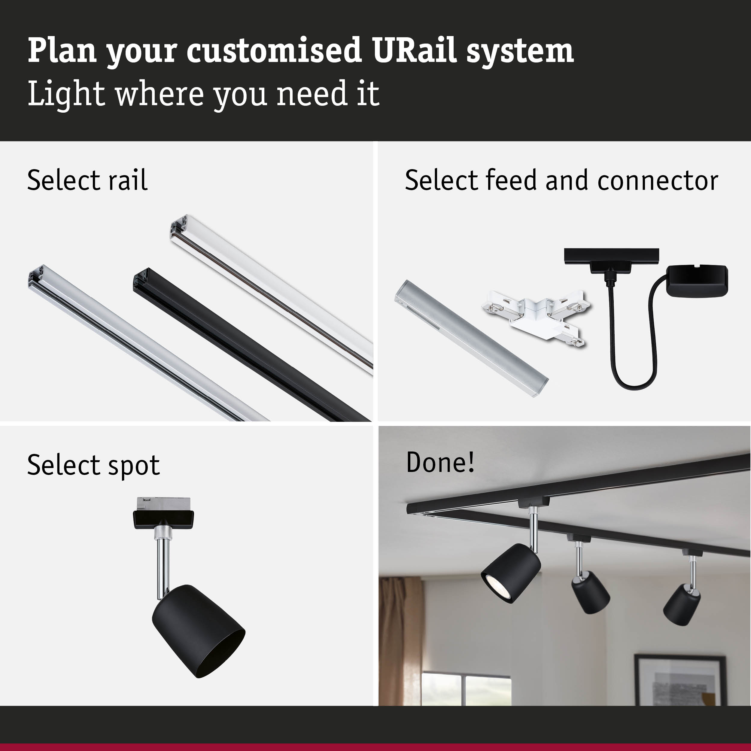 Modular URail track system with black and white rails and spotlights for customizable room lighting