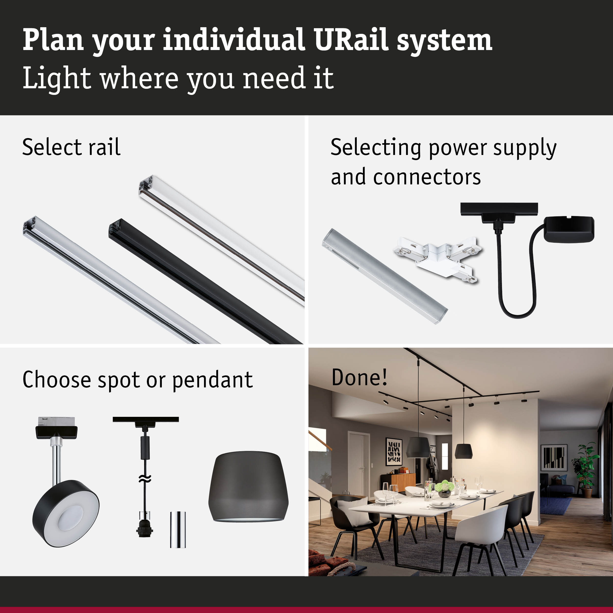 Modular URail track system with black and white aluminium rails for flexible lighting solutions