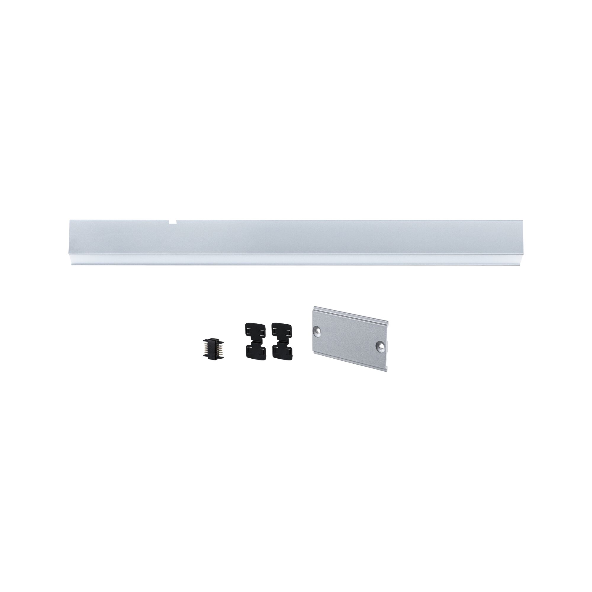 Silver aluminum profile with mounting accessories for LED strip lighting installation