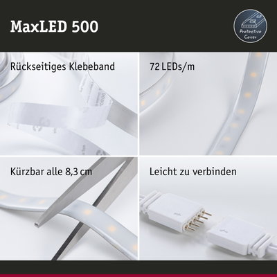 MaxLED 500 LED-Streifen mit rückseitigem Klebeband, 72 LEDs pro Meter, schneidbar und leicht verbindbar
