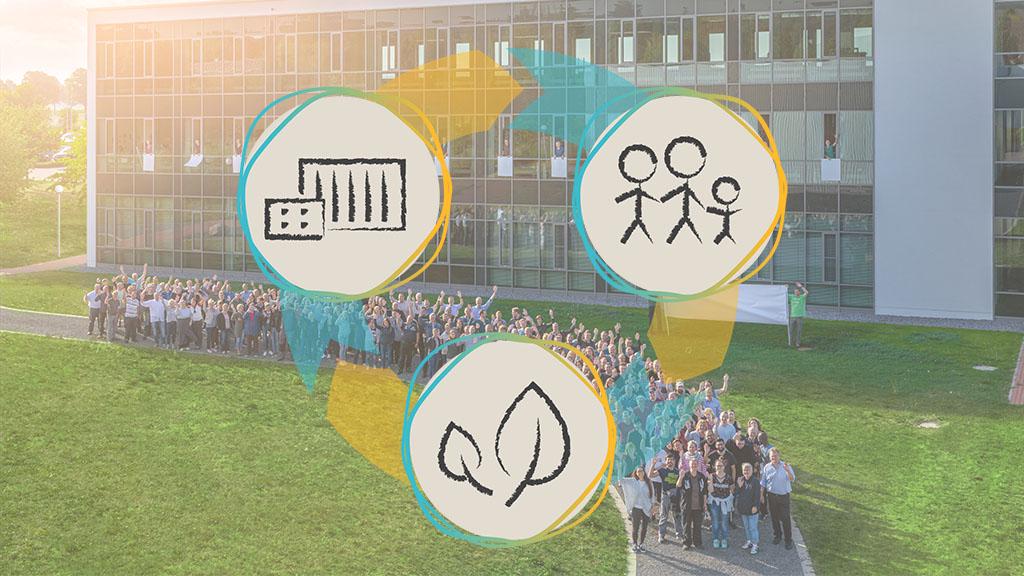 Large group in front of office building with sustainability, environment, and community icons in circular graphic.